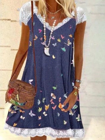 Women's Dresses Butterfly Print V-Neck Lace Short Sleeve Dress