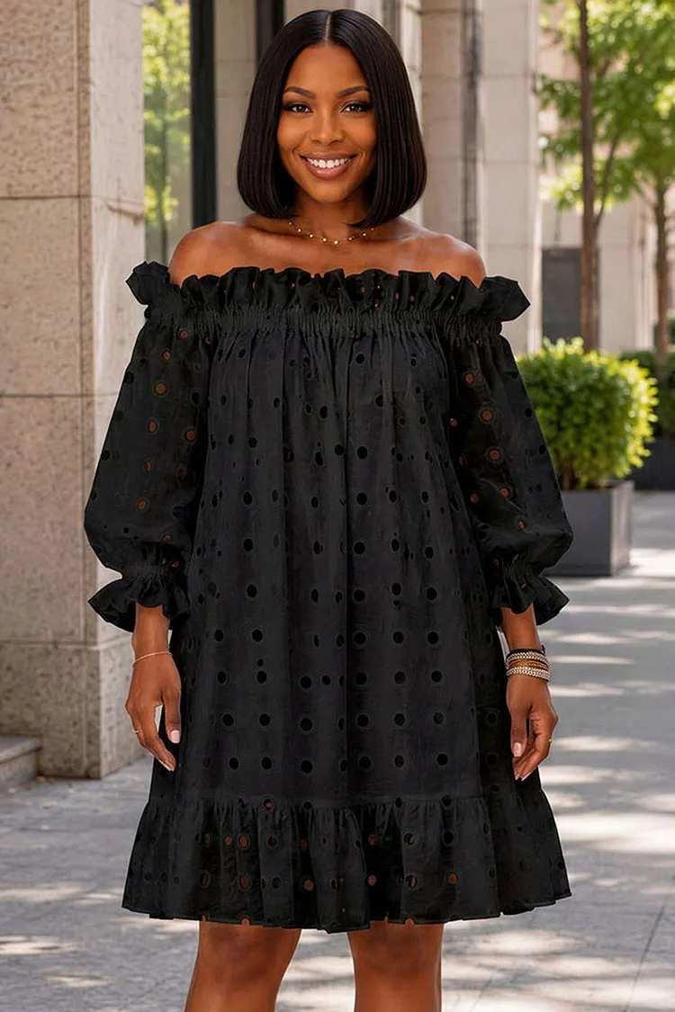 Xpluswear Design Plus Size Vacation Black Off The Shoulder Puff Sleeve Short Sleeve Cut Out Ruffle Mini Dresses [Pre-Order] 2024 - Xpluswear