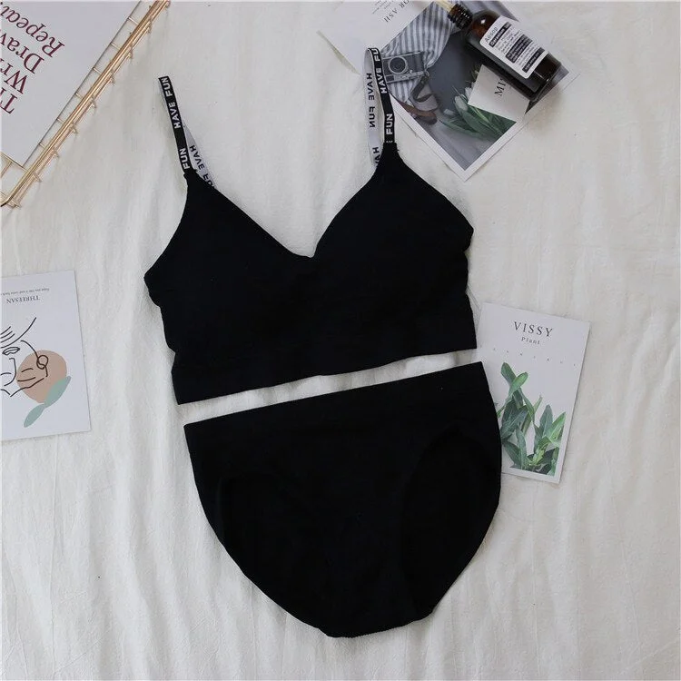 Sexy women's bra underwear set push-ups sports bra set letter transparent strap active bra female underwear set top fitness unde