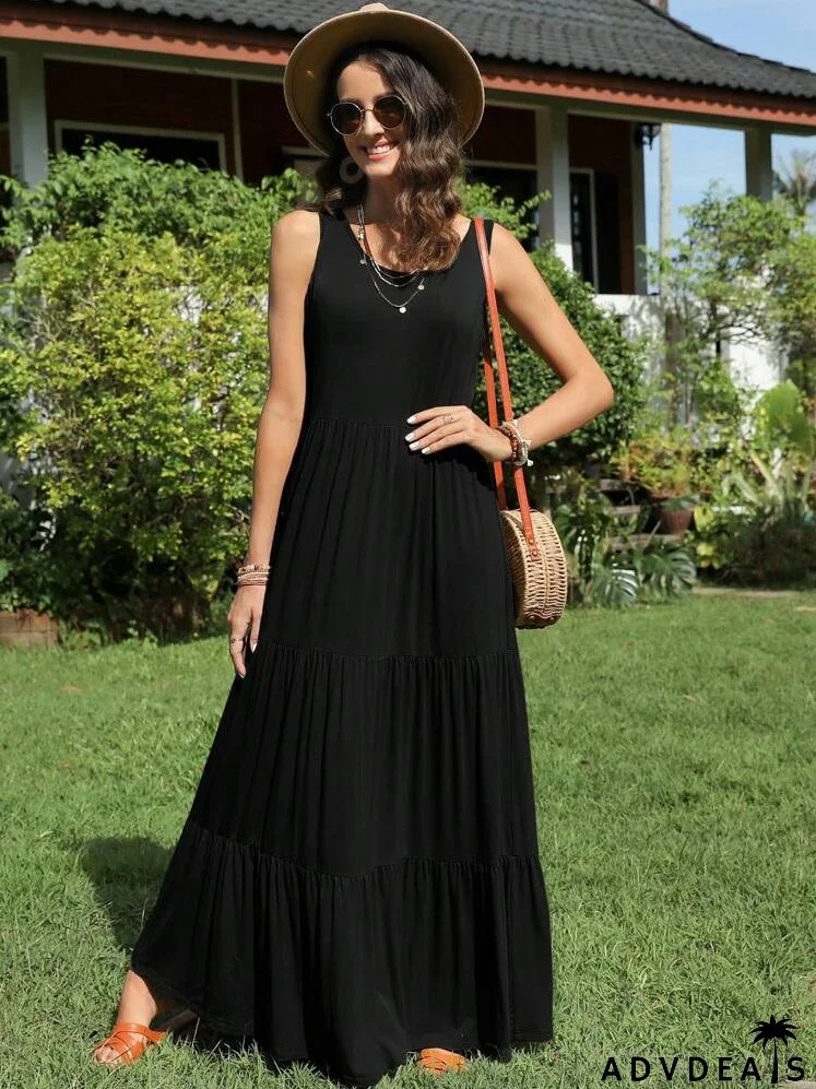Solid Ruffle Hem Smock Dress