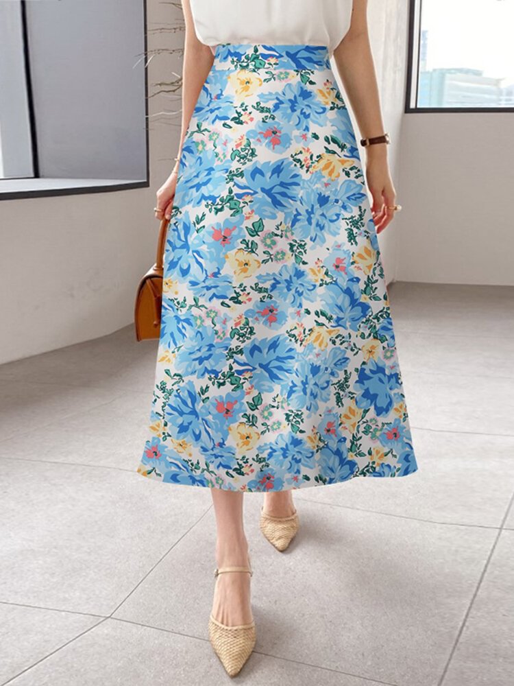 Allover Flower Print A-line Elastic Waist Women Skirt