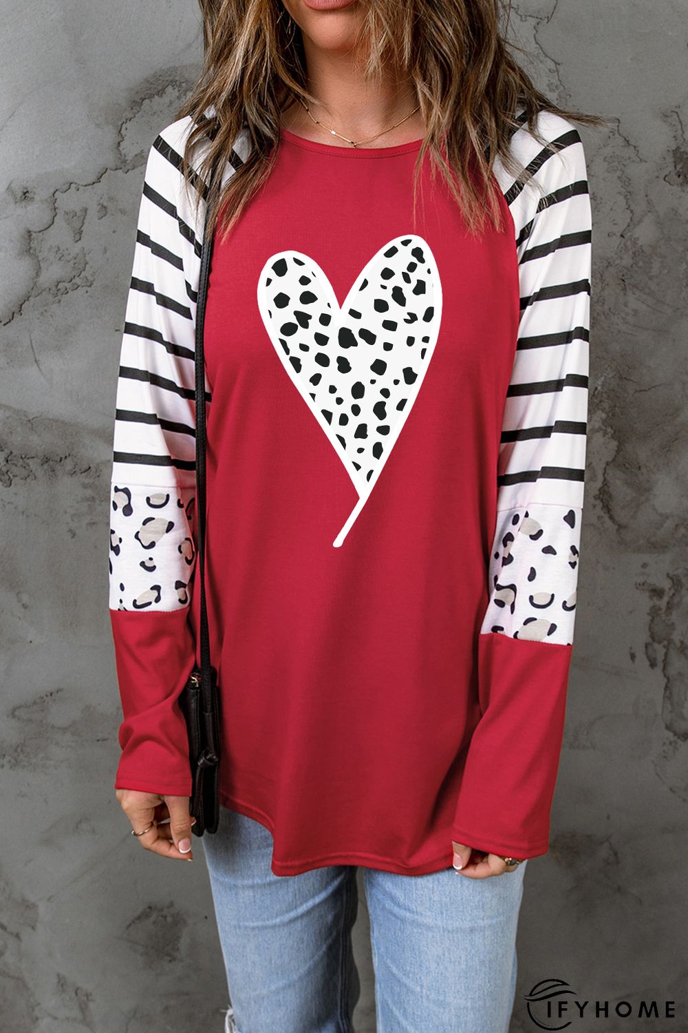 Red Valentines Leopard Heart Print Color Block Long Sleeve Top | IFYHOME