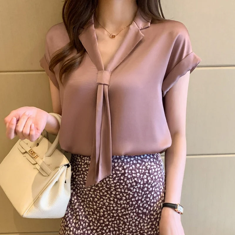 2021 Summer Short Sleeve Chiffon Shirt Women V-neck Tie Solid Loose White Blouses And Shirts Korean Plus Size Women Tops 13926