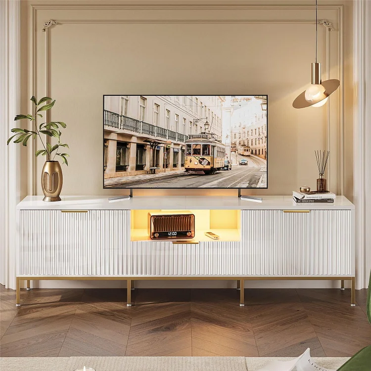 Bestier 55 inch/ 70 inch LED TV Stand Modern High Gloss Fluted TV Console Entertainment Center with Drawers for TVs