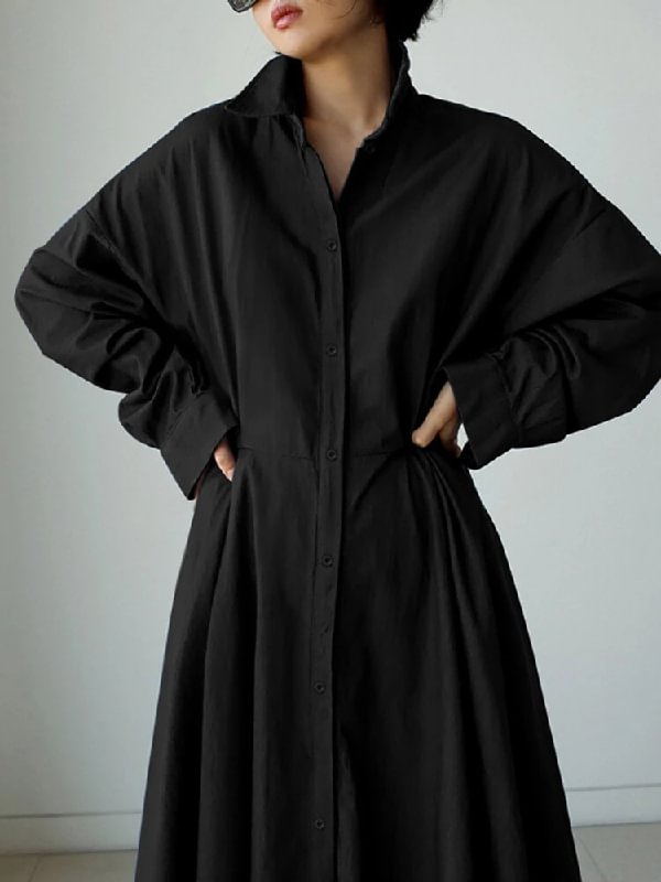 Simple Solid Color Lapel Long Sleeves Belted Long Dress