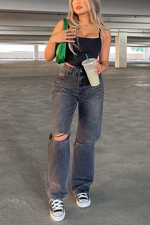 Black Borken Hole Straight Leg Jeans
