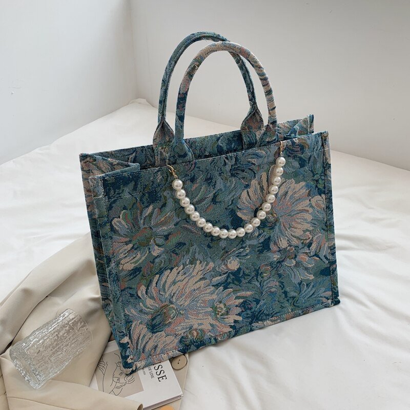 Luxury brand Ladies Pearl Tote bag 2021 Summer New Quality Denim Women's Designer Handbag High capacity Shoulder Messenger Bag