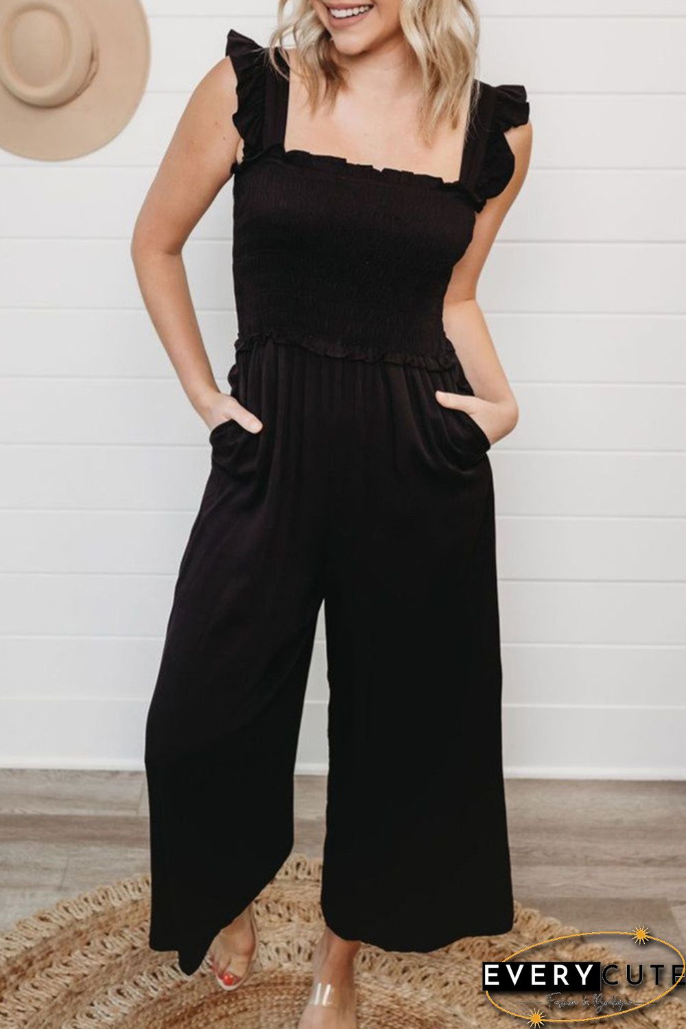 Smocked Pocketed Ruffled Sleeveless Wide Leg Jumpsuit