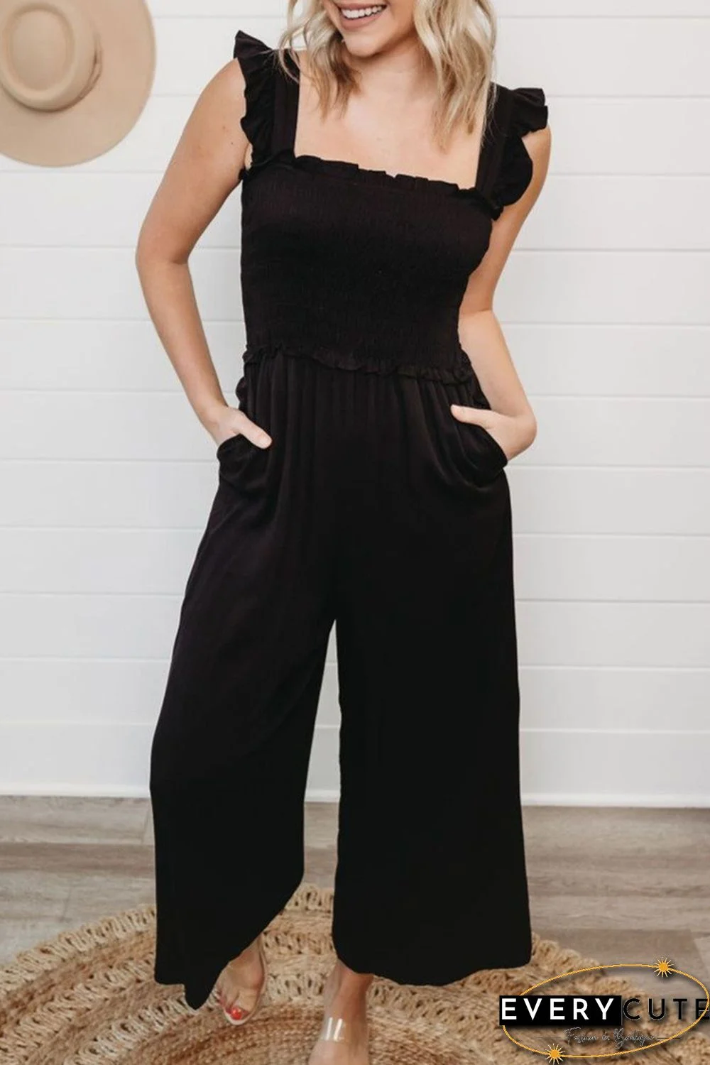 Smocked Pocketed Ruffled Sleeveless Wide Leg Jumpsuit