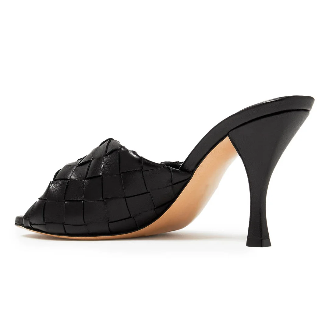 Faux Leather Spool Heel Woven Strap Open Toe Black Slides for Women