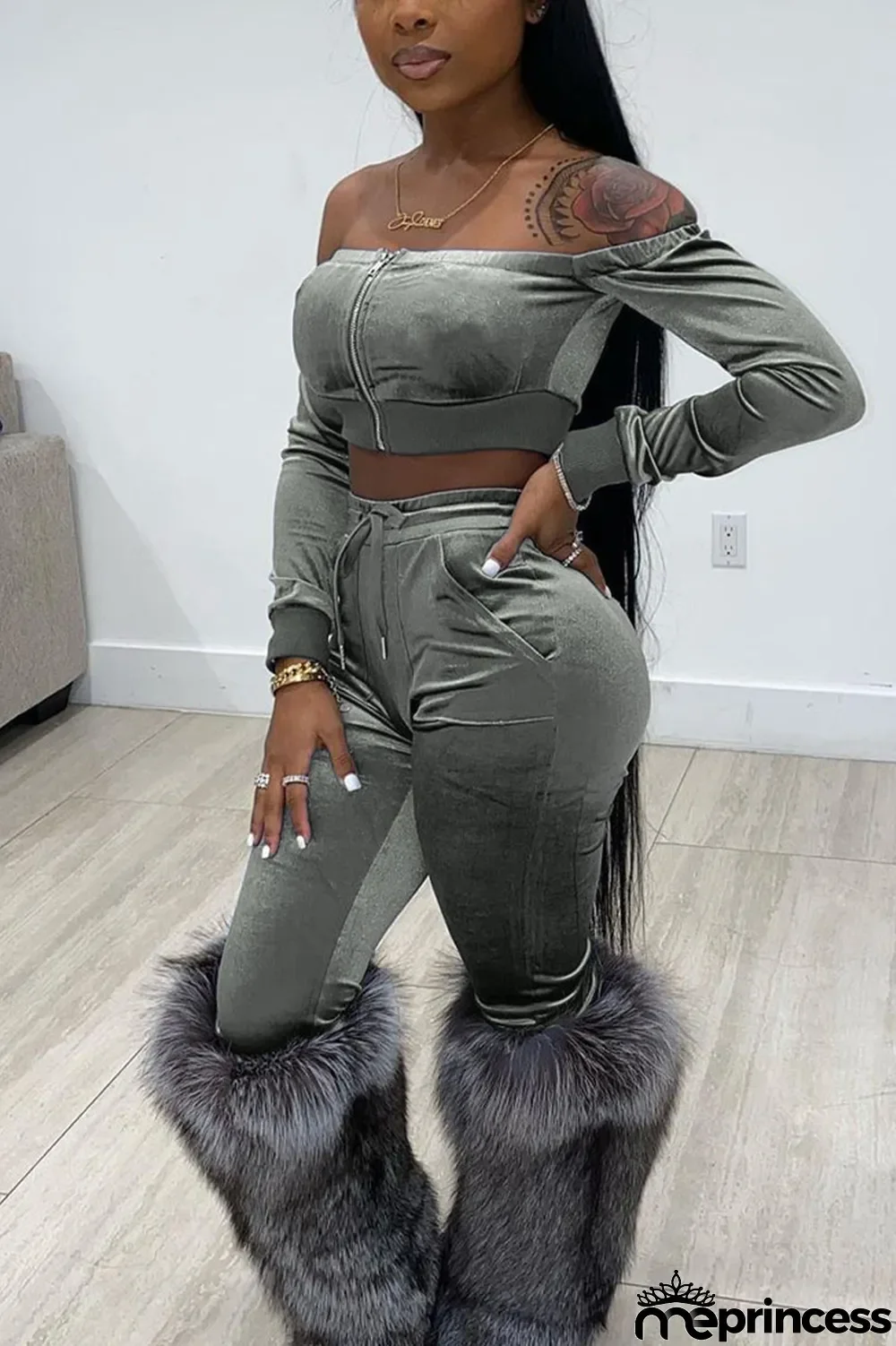 Silver Sexy Solid Bateau Neck Two Pieces