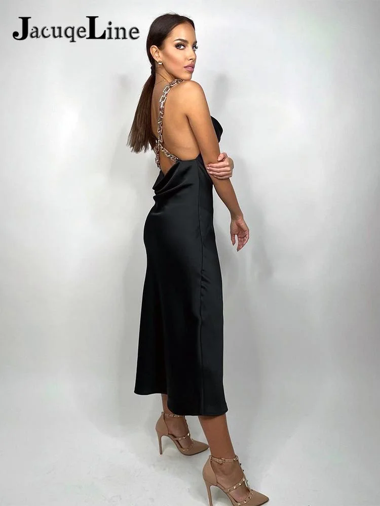 Jacuqeline Summer 2022 Sexy Backless Chain Midi Satin Dress Women Off Shoulder Sleeveless Bodycon Party Dresses Club Y2K Green