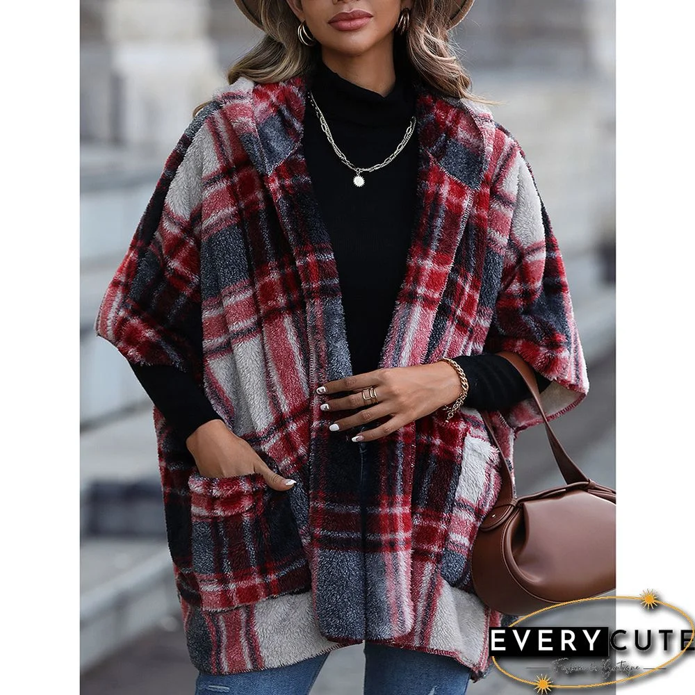 Red Plaid Print Plush Hooded 1/2 Sleeve Pocket Coat