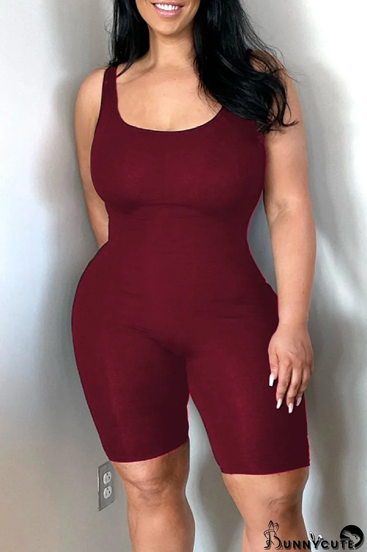 Burgundy Sexy Casual Solid Basic U Neck Skinny Romper