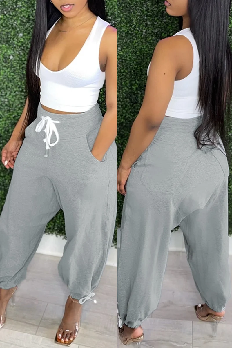Grey Fashion Casual Solid Basic Mid Waist Harlan Trousers | EGEMISS