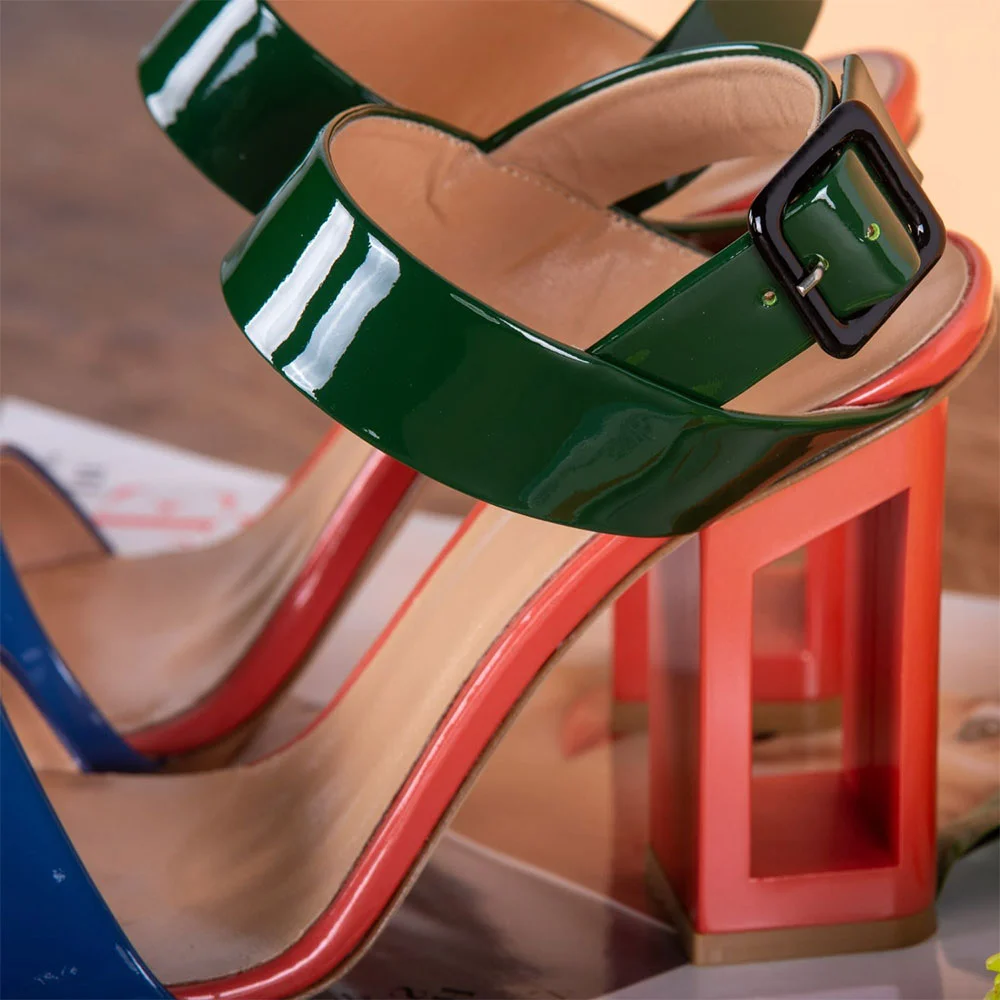 Women&lsquo;s Multicolor Round Toe Ankle Strap Chunky Heel Summer Sandals