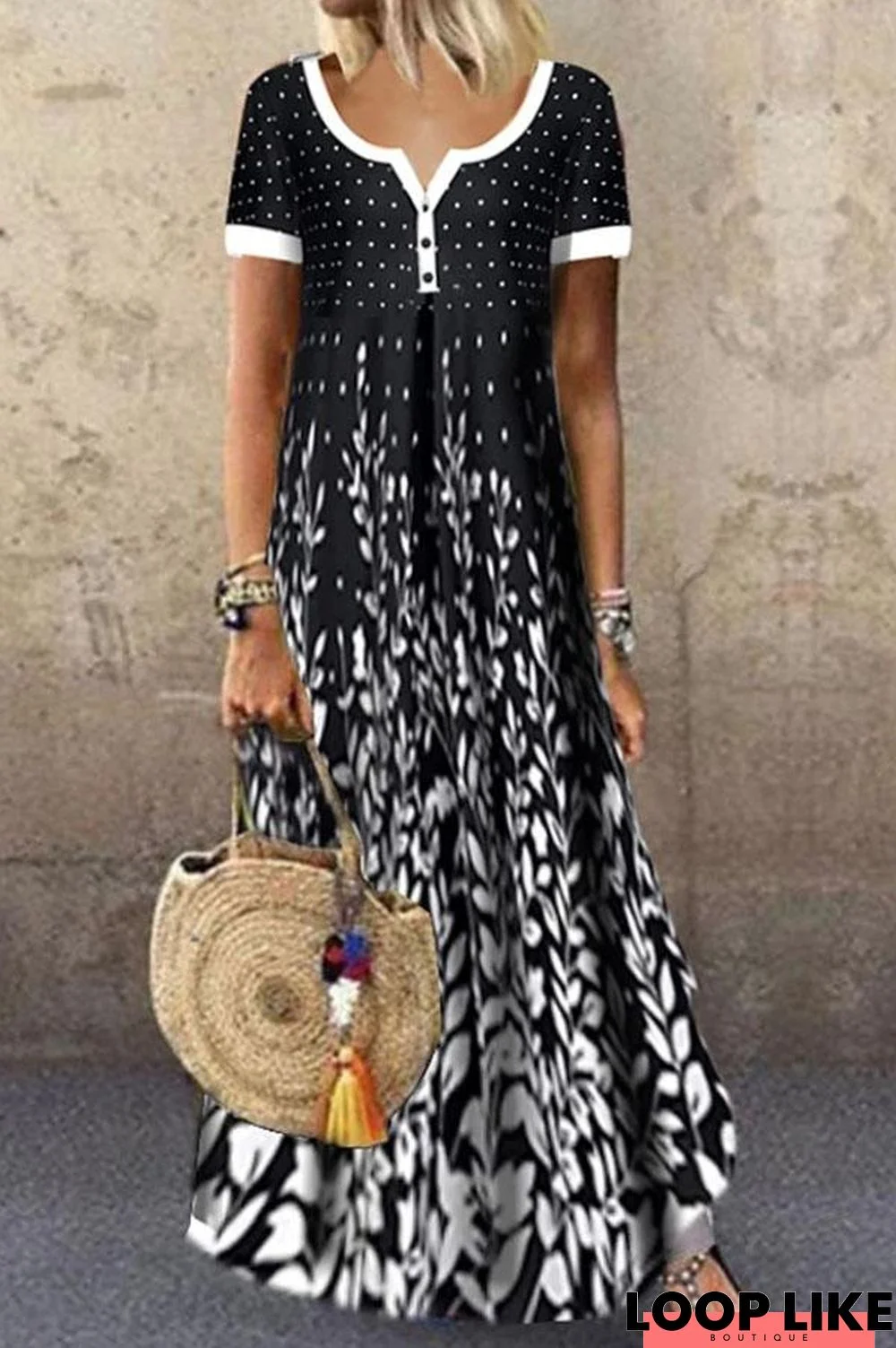 Paneled Print Buttoned V-Neck Holiday Maxi Dress Black Dresses