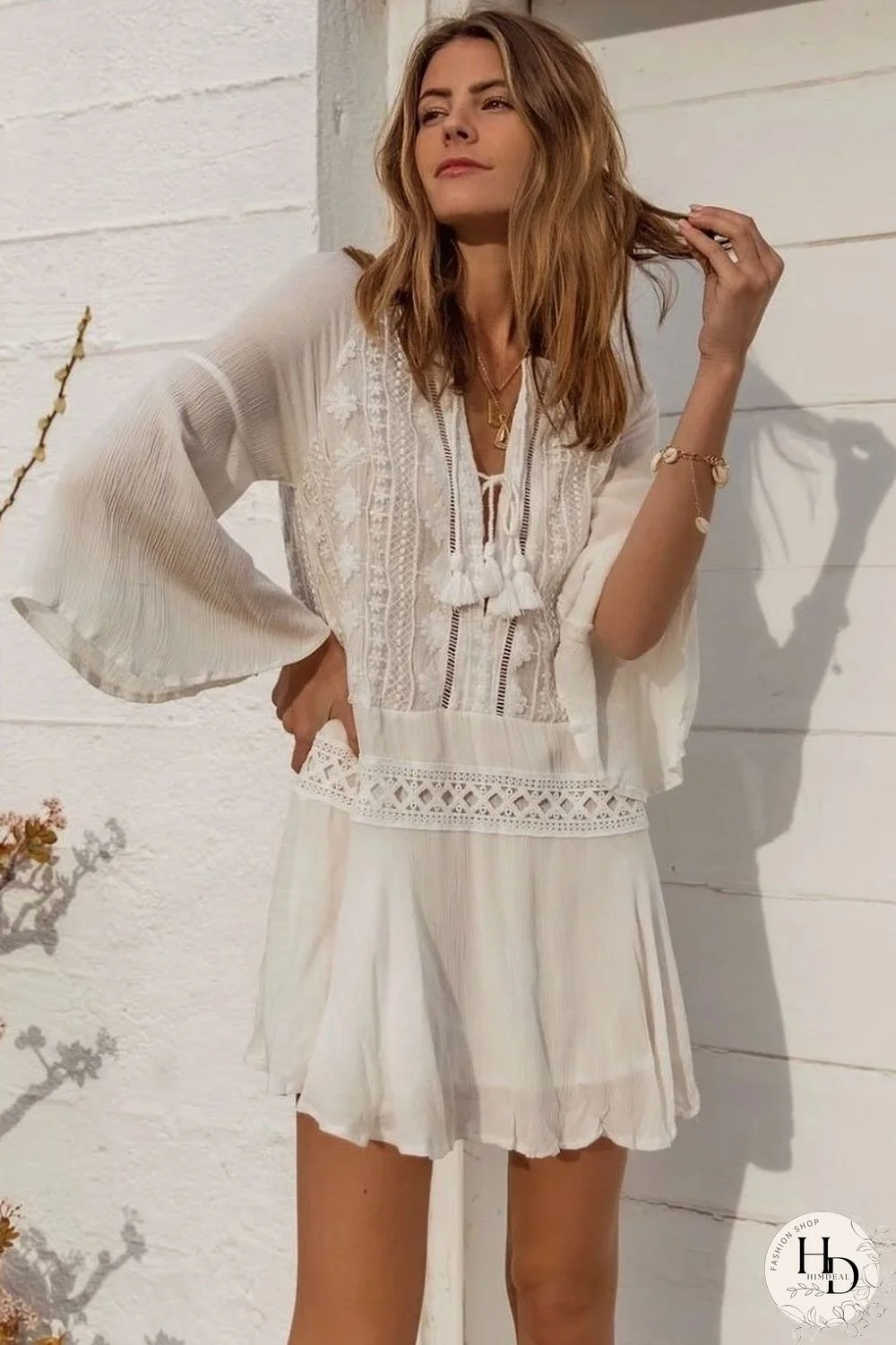 Exquisite Lace Crochet Sleeved Sheer Chiffon Cover Up