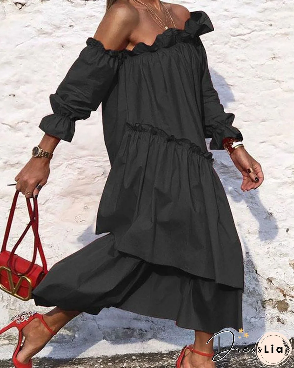 Solid Off Shoulder Irregular Ruffle Dress