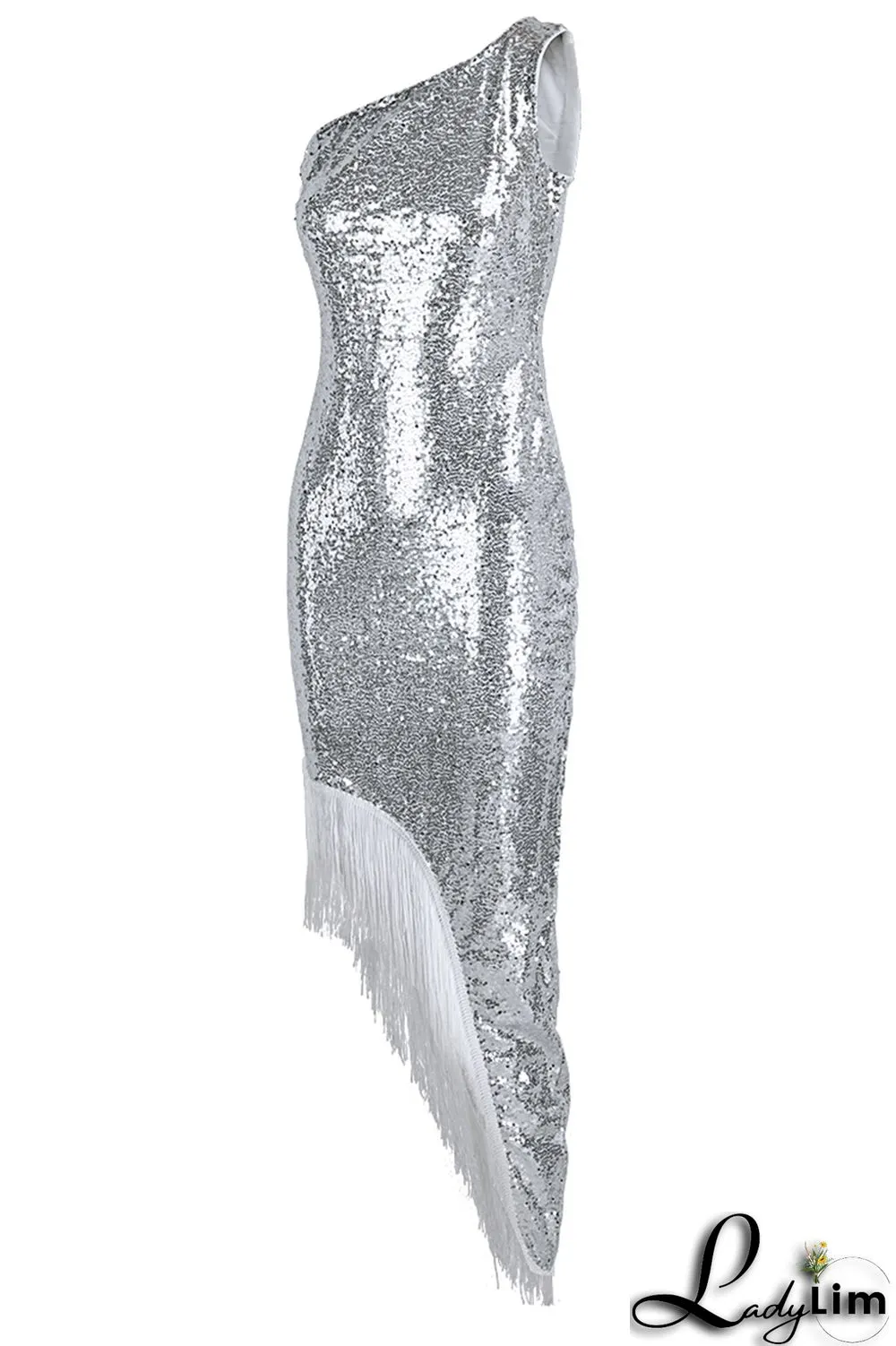 Black Fashion Sexy Patchwork Tassel Sequins Asymmetrical One Shoulder Evening Dress