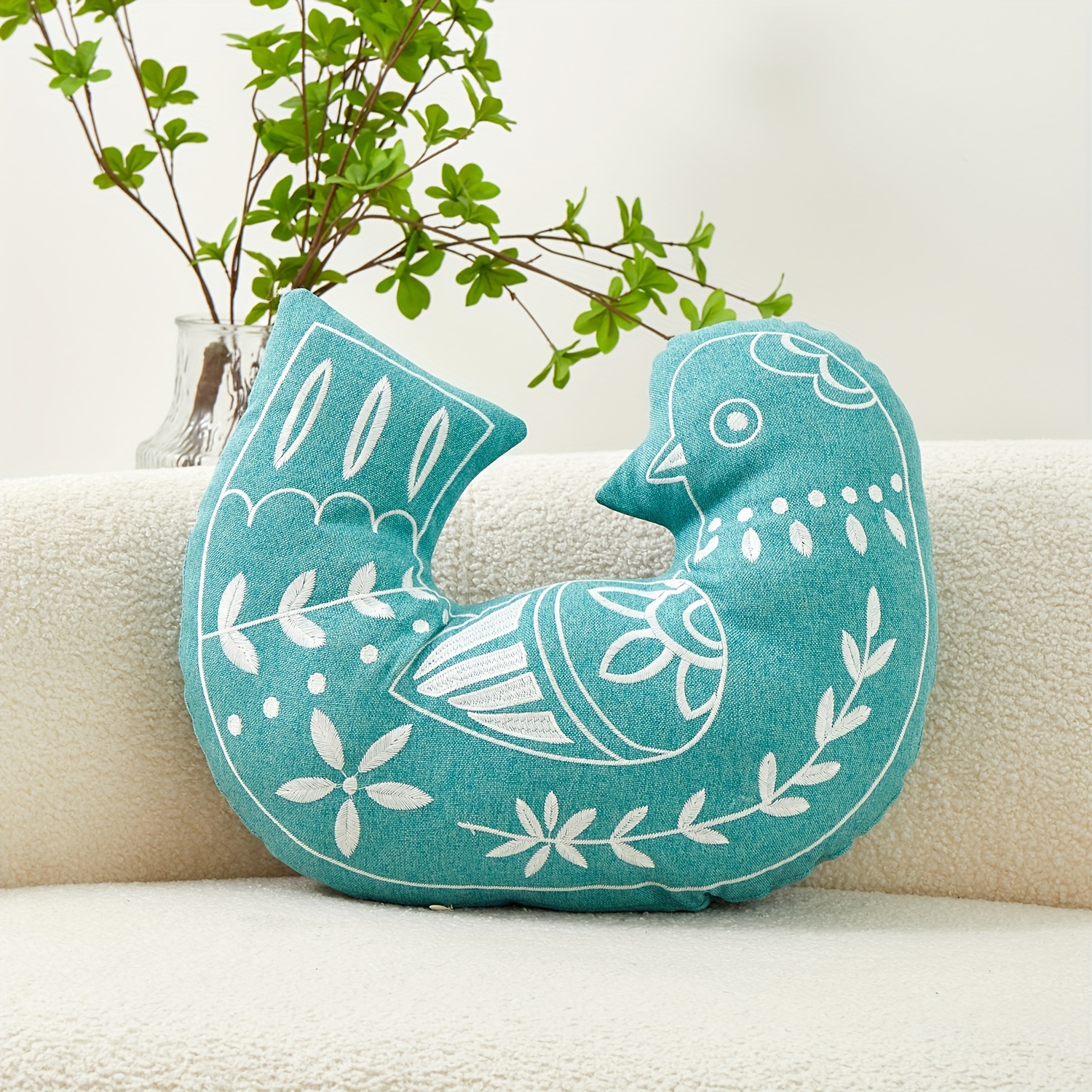 Contemporary Embroidered Bird-Shaped Throw Pillow Cover, Decorative Indoor Cushion with Zipper Closure, Machine Washable Polyester, Woven Patterned Design for Various Room Types