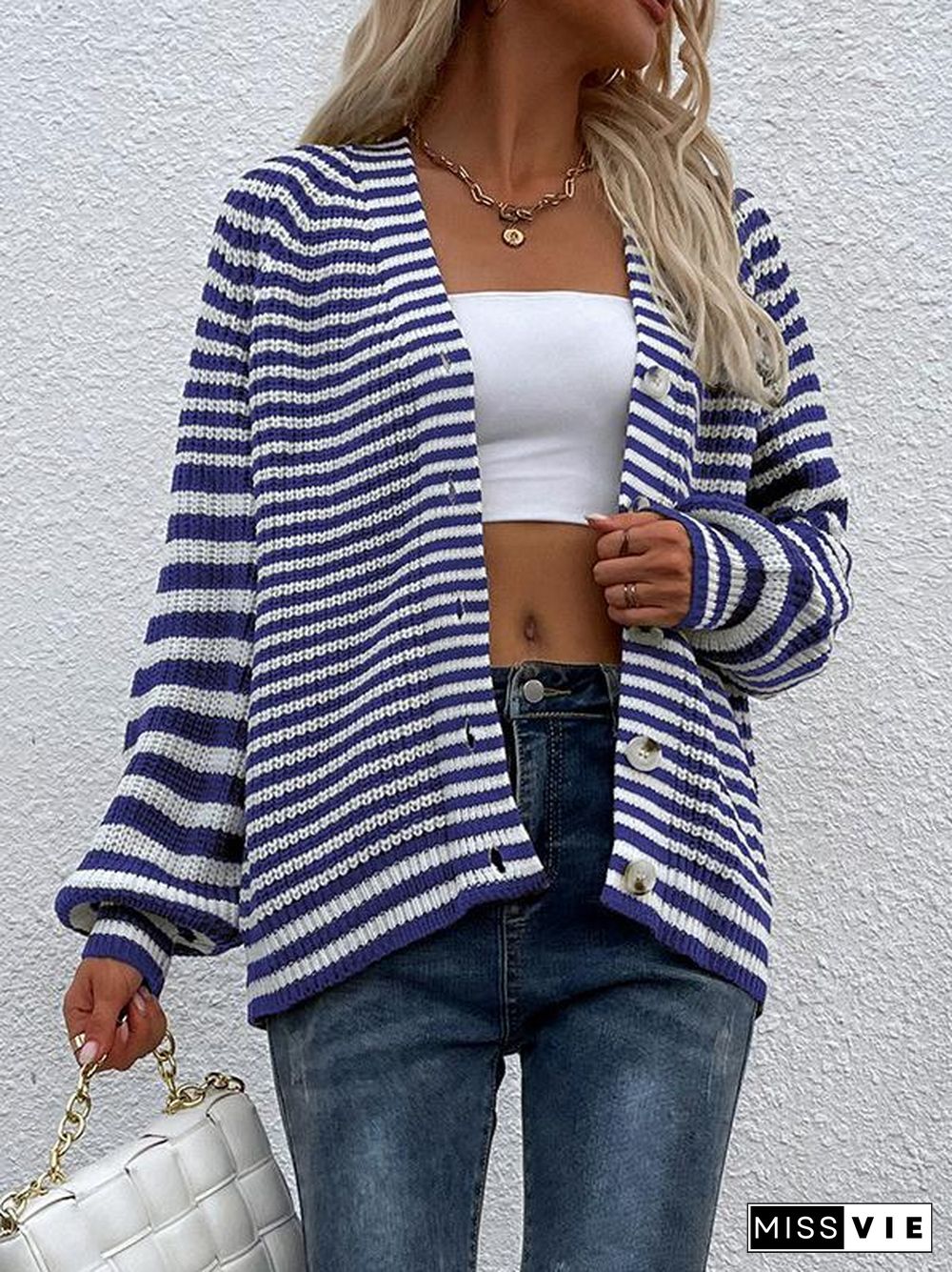Women's Long Sleeve Striped Printed Sweater Top