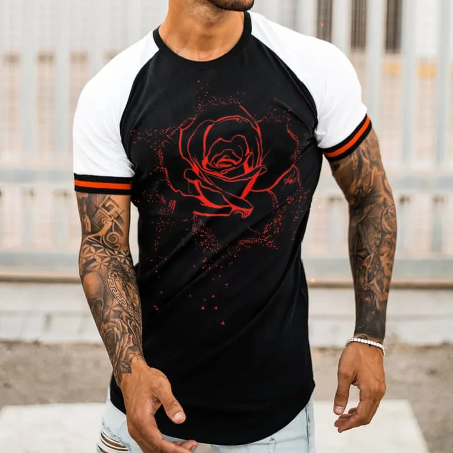 Mens Rose Printed Splice Sleeve T-shirt / [viawink] /