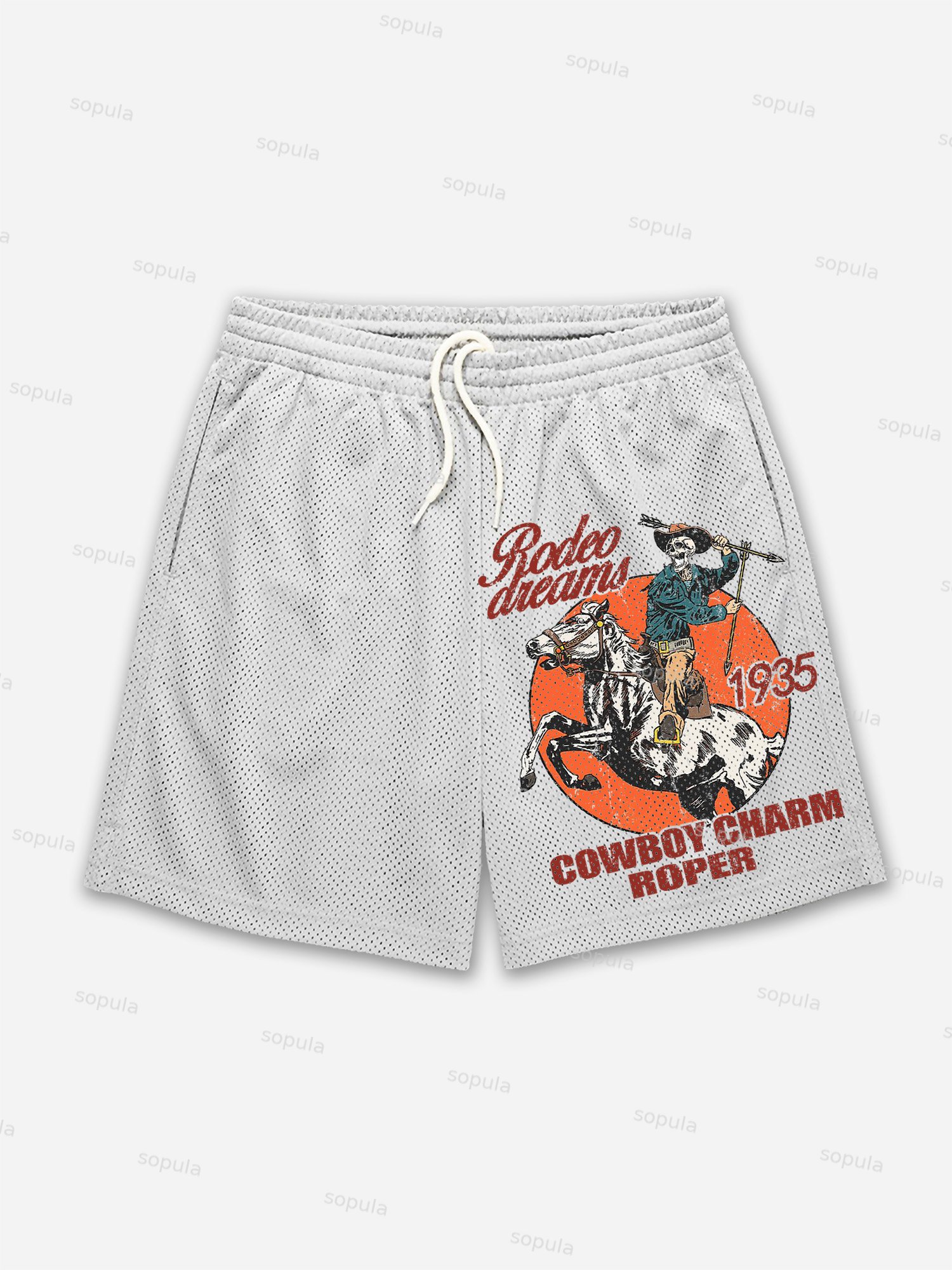 Skeleton Cowboy Rodeo Dreams Print Mesh Shorts - SOPULA