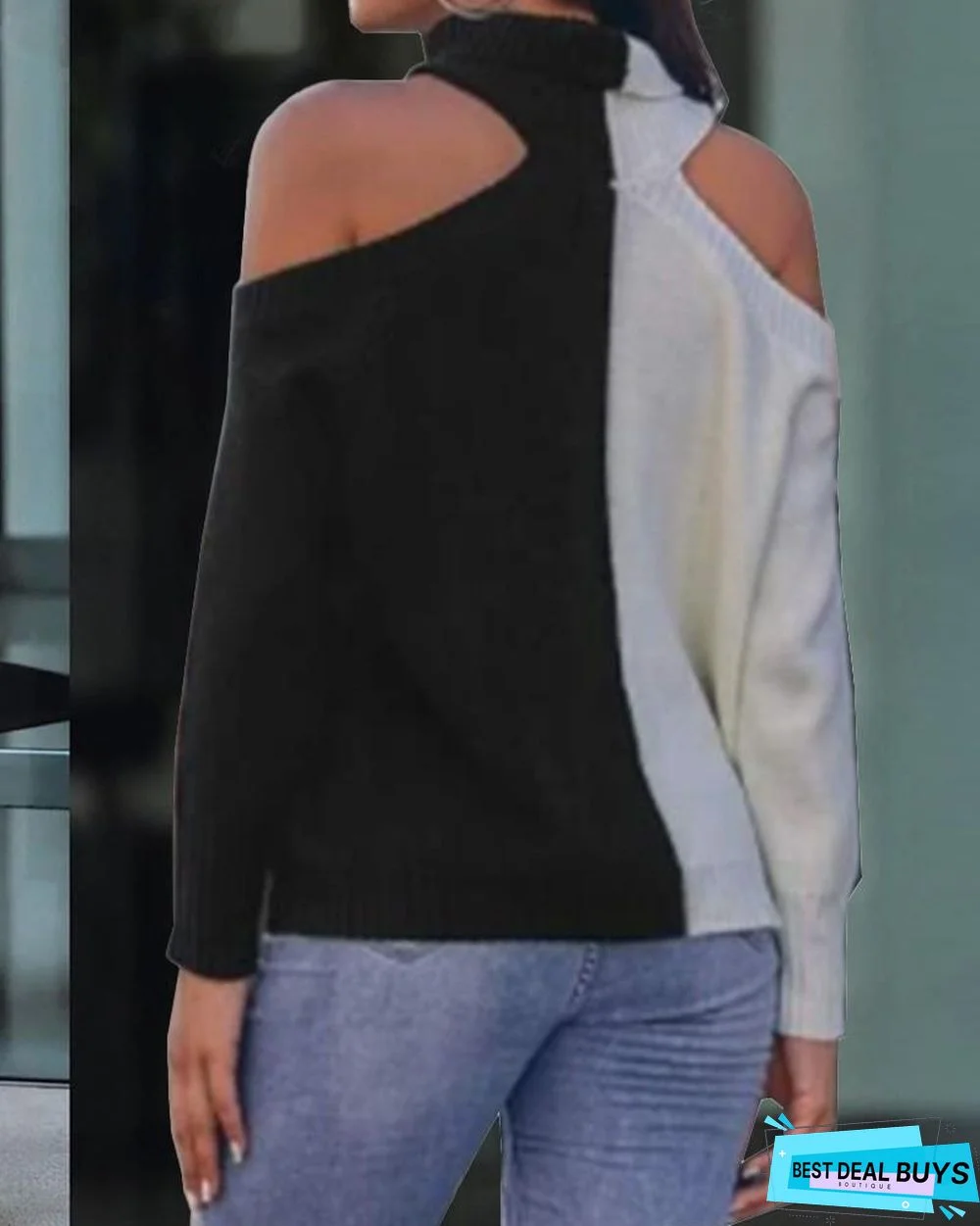 Color Block Cold Shoulder Turtleneck Sweater