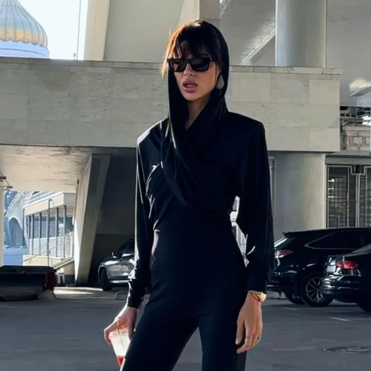 Churchf Churchf New Fashion Long Sleeve Cross Strap Design Sense Hood Crop Slim Top T-Shirt Women