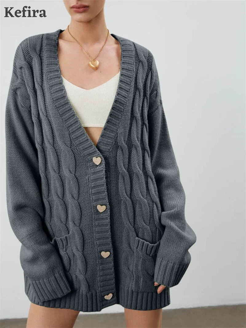 Kefira 2021 V Neck Cardigan For Women Knitted Long Sleeve Sweater Oversize Cardigan Autumn Winter Button Loose Casual Jumper