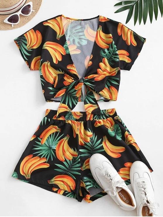 Bananas Print Tie Front Two Piece Set