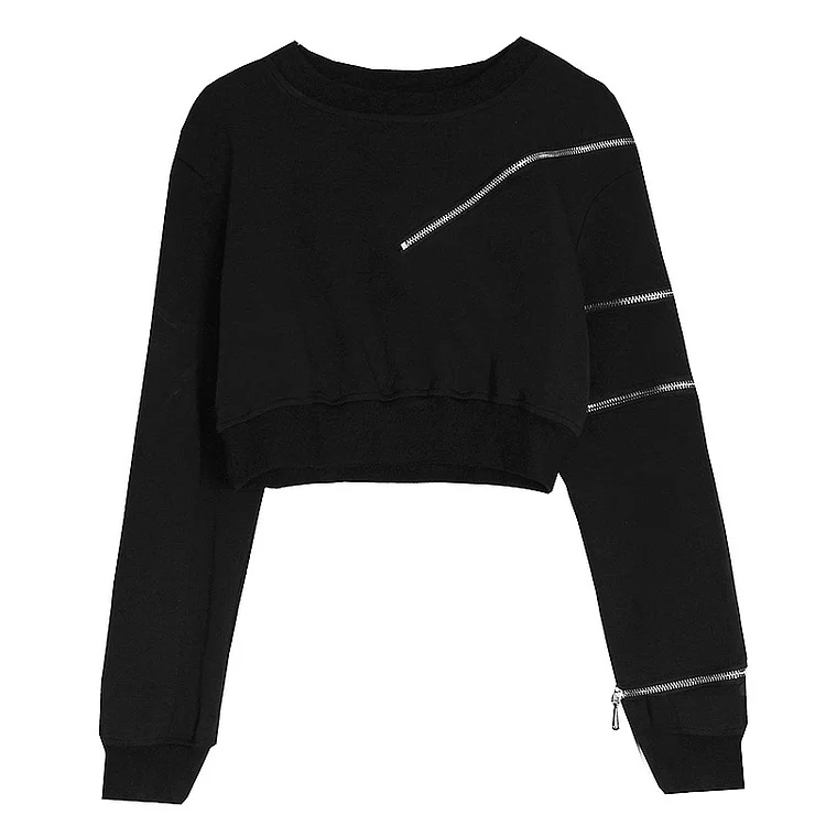 Gothic Zipper Short Sweatshirt Waistband Pleated Skirt Set