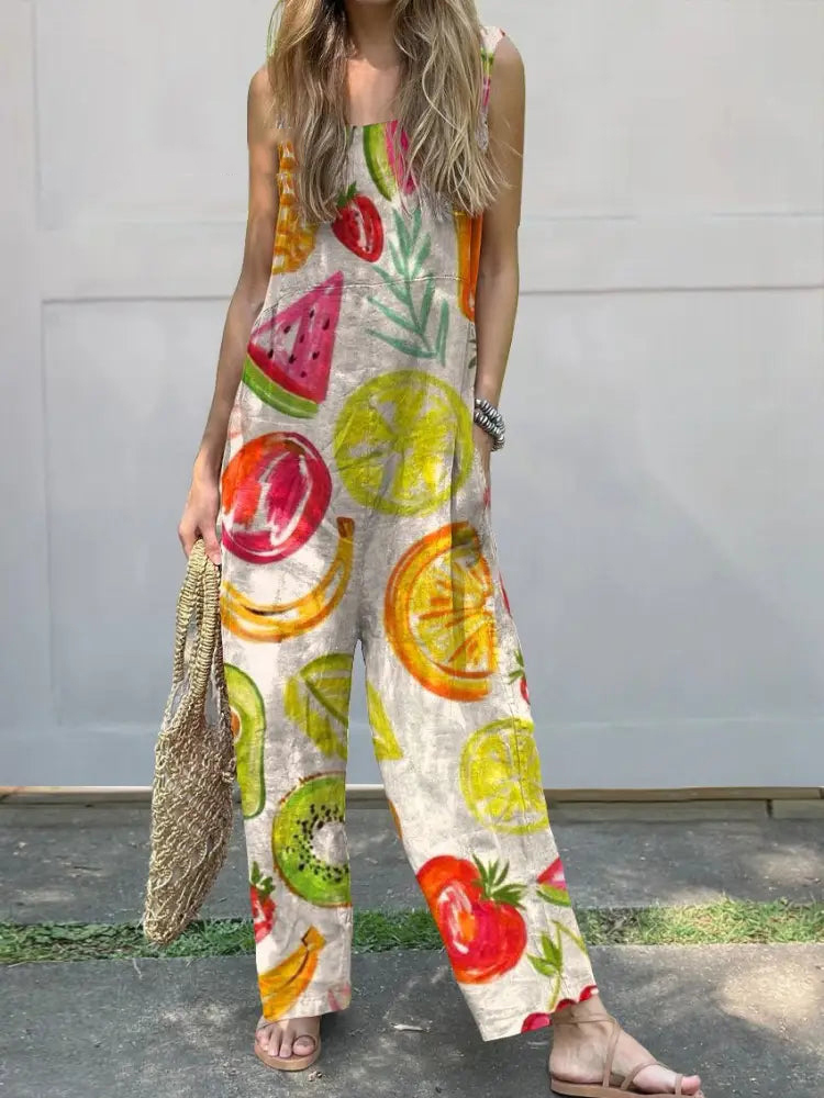 Watercolor Summer Fruit Pattern Printed Women's Casual 100% Cotton Wide Leg Jumpsuit
