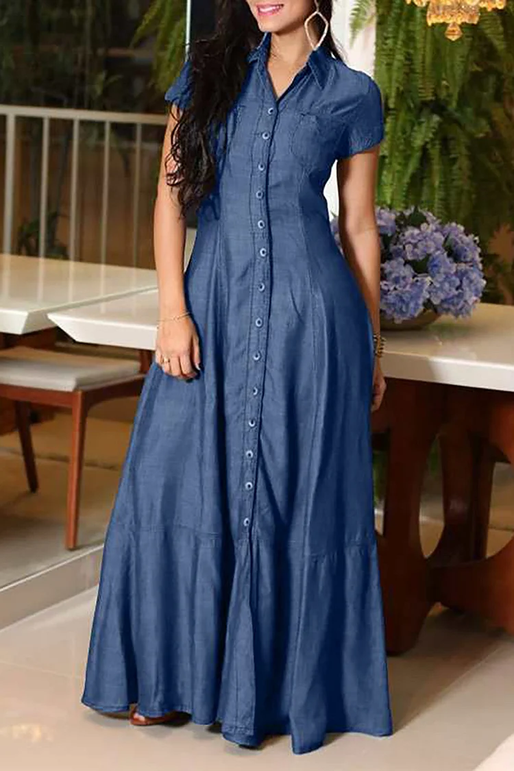 Plus Size Casual Dress Light Blue Button Shirt Collar Denim Maxi Dress With Pocket