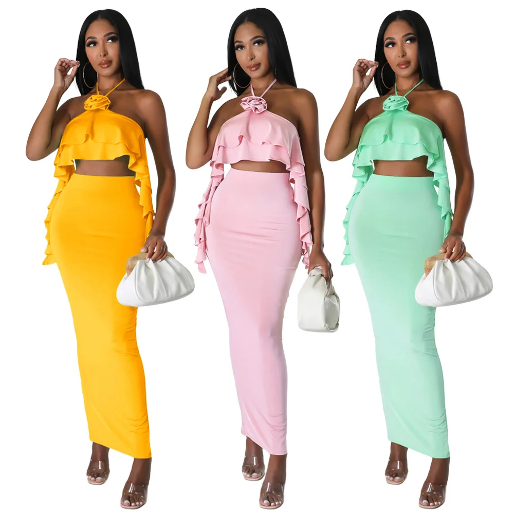 Wrapped Chest Hanging Neck Wood Ear Top High Waist Slit Long Skirt Two-piece Set | IFYHOME