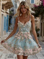 Women's Vintage Pink Rose Embroidery Art Suspender Mini Dress