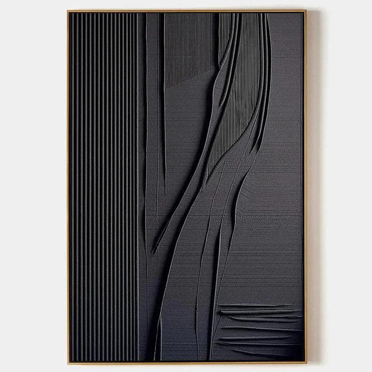 BLACK TEXTURED LINES AND CURVES: Minimalist Textured Abstract Painting（Canvas painting）