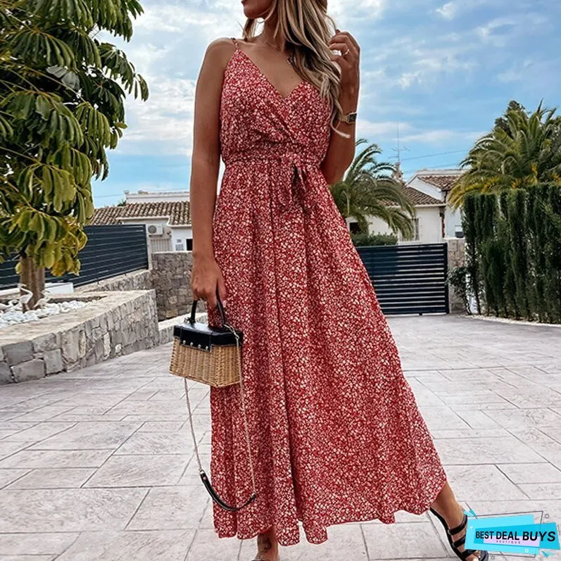 Sexy Wrap Neck Sling Long Dress Spring Floral Print Straps Maxi Party Women Summer