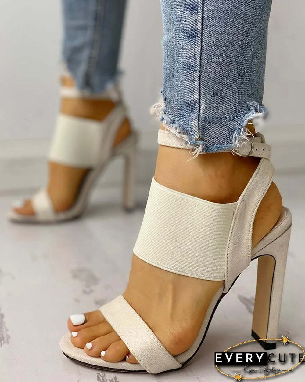 Open Toe Elastic Strap Heeled Sandals