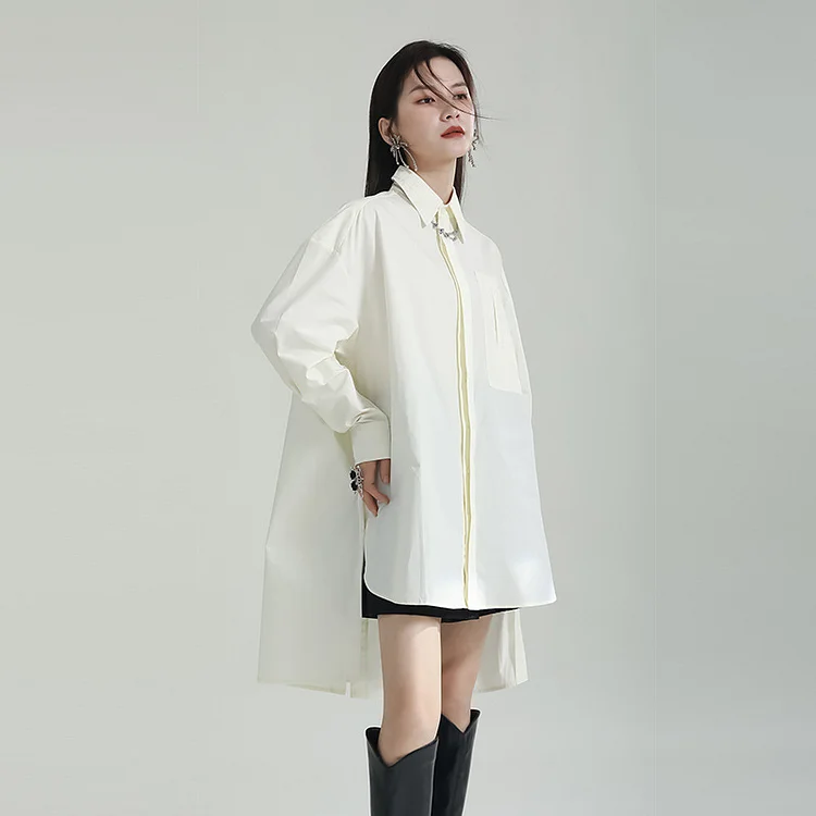 Irregular Solid Color Lapel Long Sleeve Shirt - yankia
