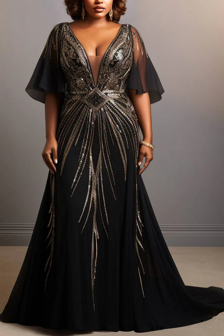 Xpluswear Design Plus Size Mother Of The Bride Black Graphic V Neck Short Sleeve Sequin Elegant Maxi Dresses [Pre-Order]