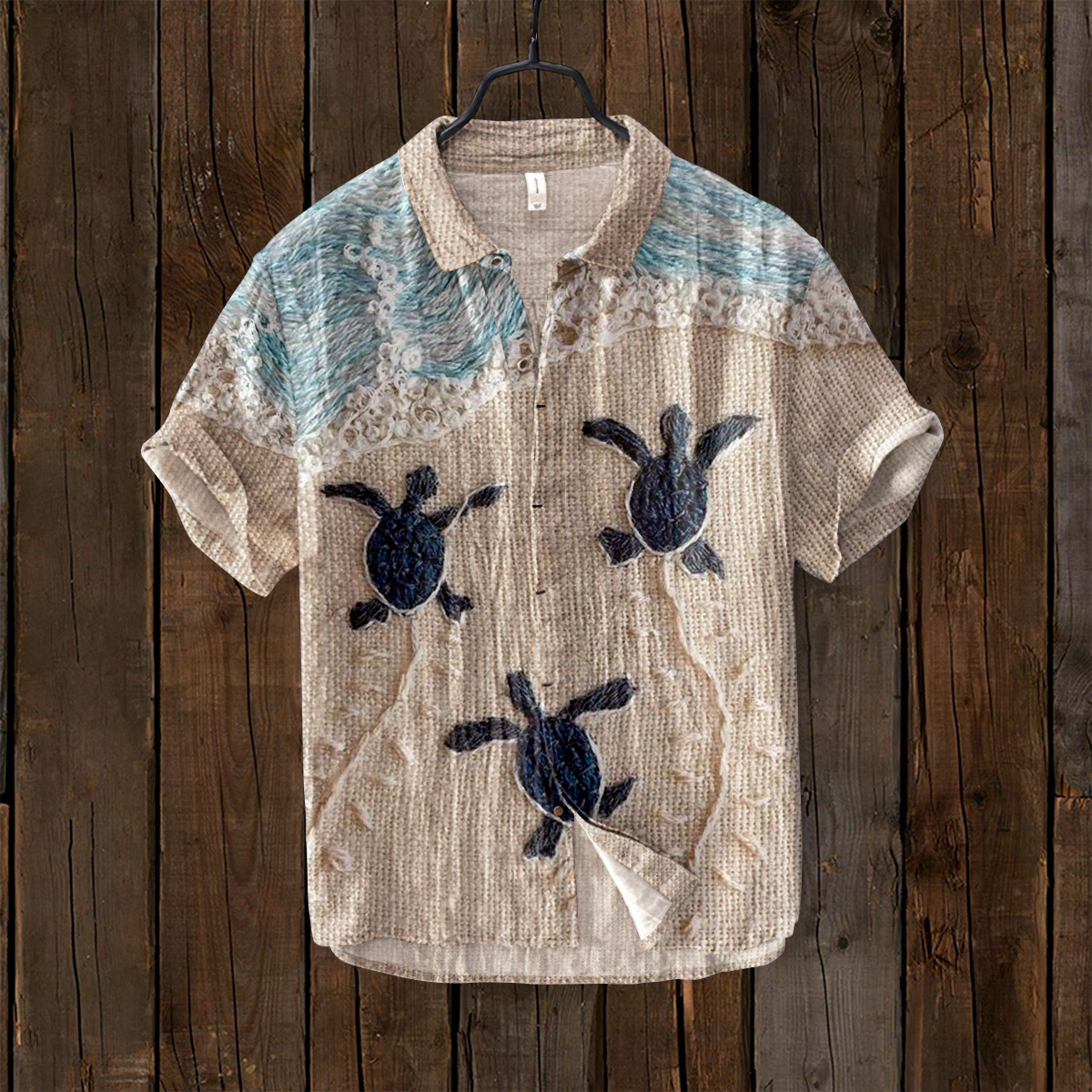 menweary Beach Turtle Print Short Sleeve Linen Blend Shirt