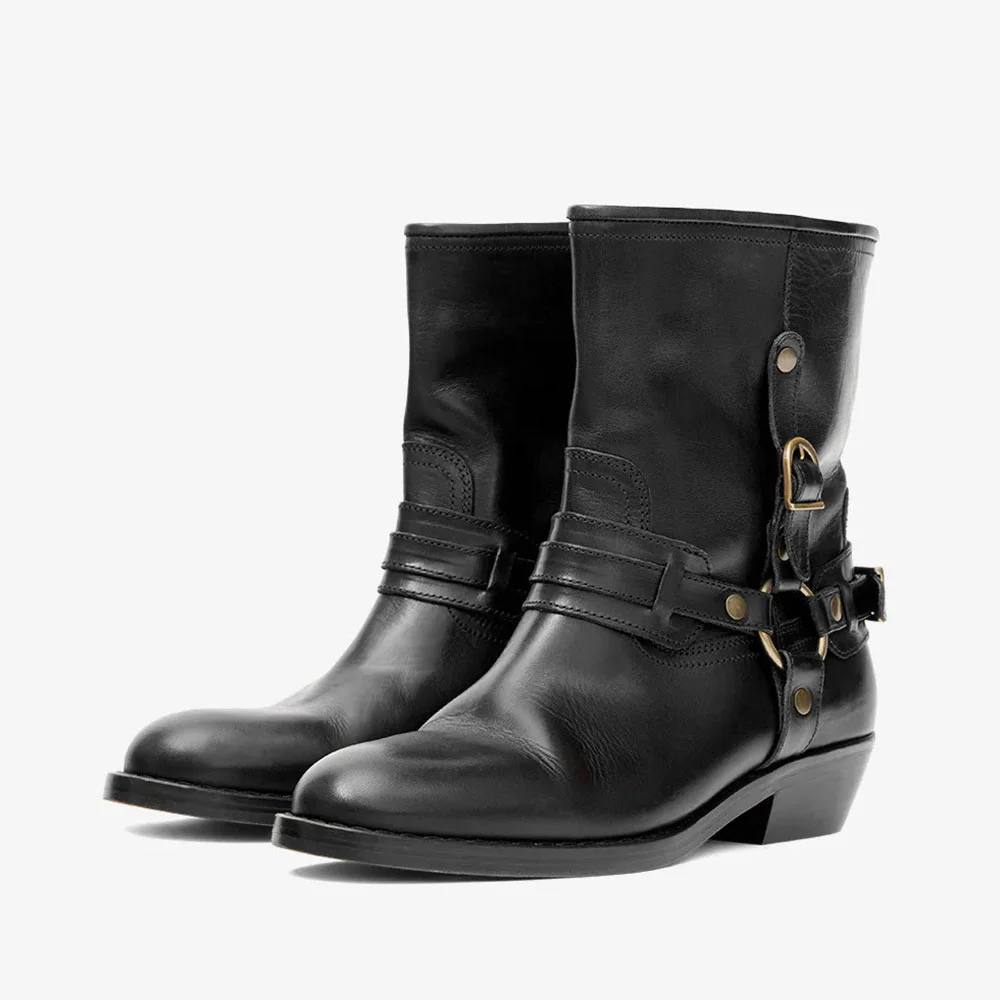 Fashion Closed Toe Low Heel Studded Black Ankle Boots for Women