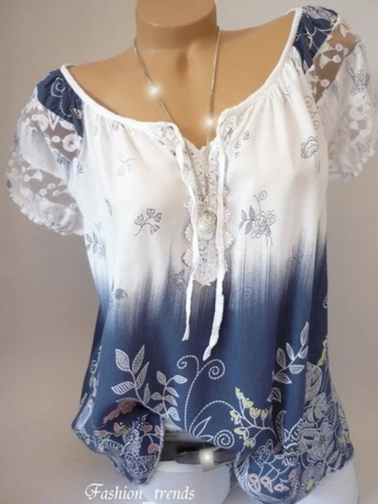 Vintage V Neck Strappy Lace Gradient Floral Print Blouse