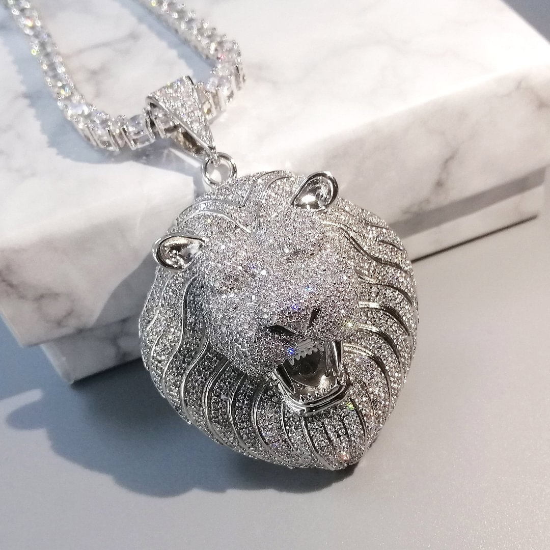 Bling Iced Out Necklace 14K Gold Plated Zircon Lion Head Pendant Necklace-VESSFUL