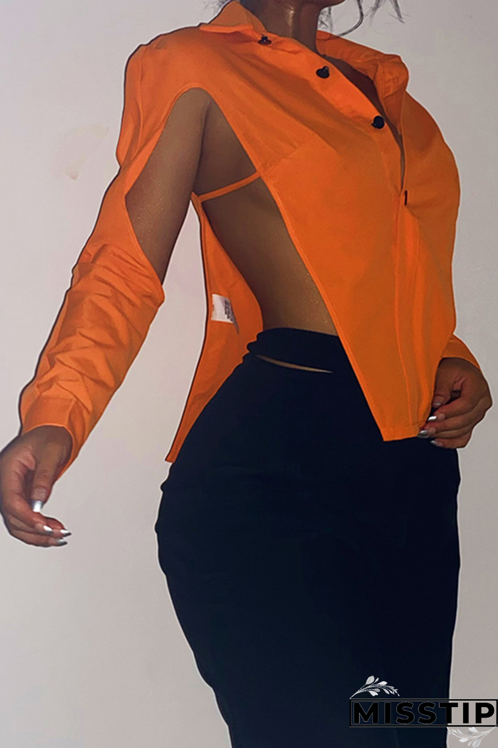 Grey Sexy Solid Hollowed Out Turndown Collar Tops