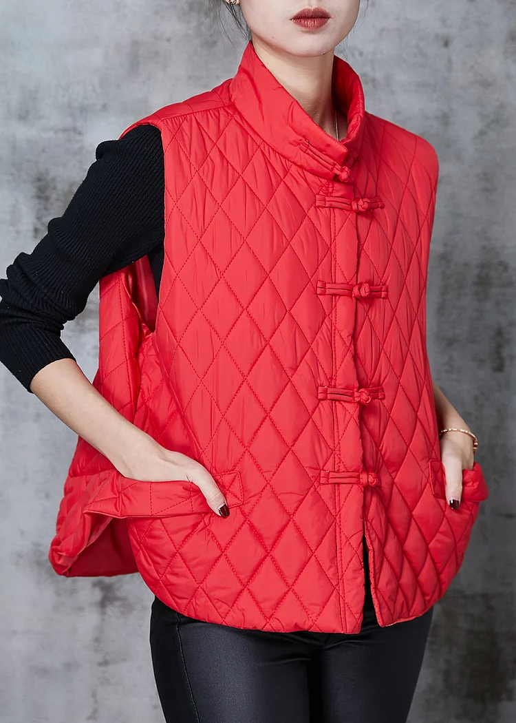 Red Oriental Duck Down Vests Stand Collar Spring