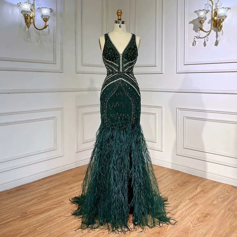 Lisliy Green Sequins Prom Dress Beaded V Neck Long With Feather 