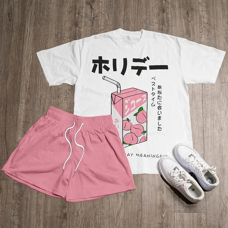 Japanese Drinks Print T-Shirt Shorts Two-Piece Set